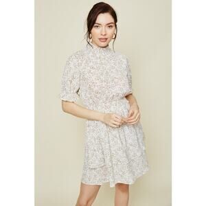 Hayden Los Angeles 1XL White Floral Smock Waist Mini Dress Lined Ruffle HighNeck